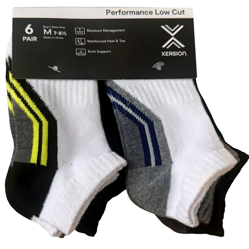 Xersion Performance Low Cut Socks 6 Pack Boys Size M 7-8.5 Moisture Wicking